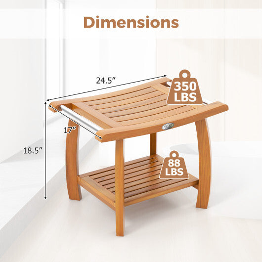 2-Tier Teak Wood Shower Bench Shower Stool with Curved Seat W2B