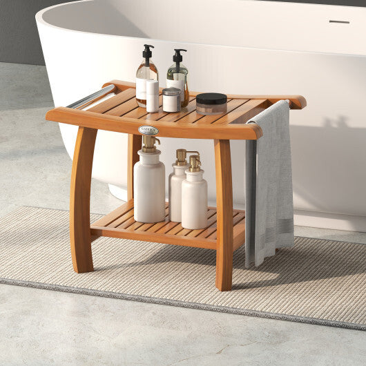2-Tier Teak Wood Shower Bench Shower Stool with Curved Seat and Handles W2B