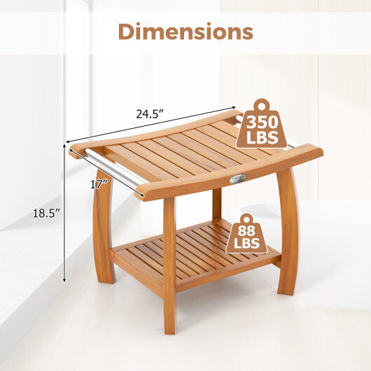 2-Tier Teak Wood Shower Bench Shower Stool with Curved Seat and Handles W2B
