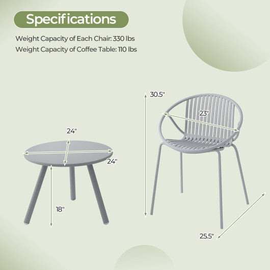 All Weather PP Patio Conversation Set with Round Coffee table and 2 Chairs-Gray W2B