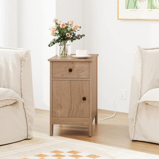 Flip Top End Table with Charging Station USB Ports Outlets and Drawer-Natural W2B