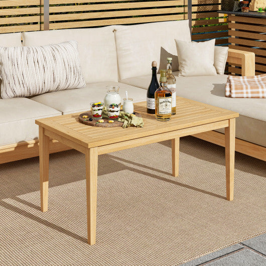 20 Inch x 35.5 Inch Outdoor Teak Wood Coffee Table with Slatted Tabletop for Balcony W2B