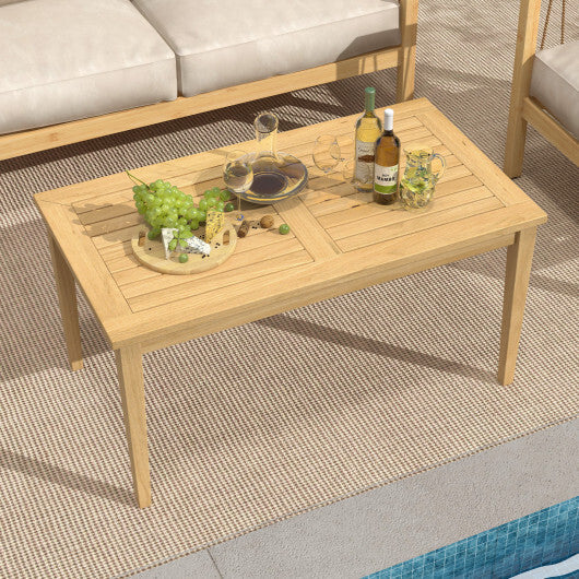 20 Inch x 35.5 Inch Outdoor Teak Wood Coffee Table with Slatted Tabletop for Balcony W2B