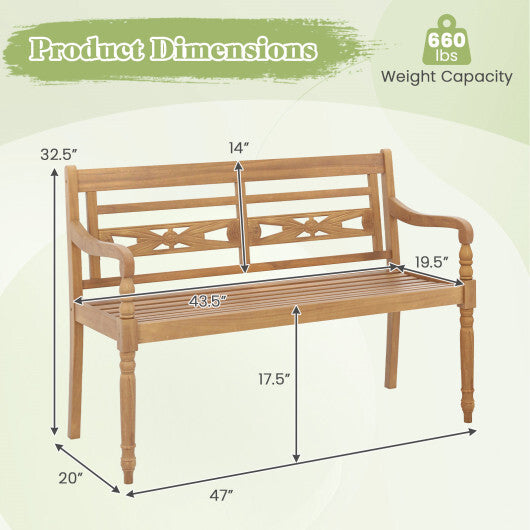 2-Person Teak Wood Patio Bench with Wide Backrest and Curved Armrests W2B