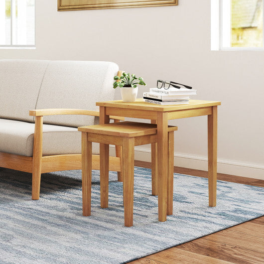 2 Pieces Space Saving Design Teak Wood Outdoor Patio Nesting Table W2B