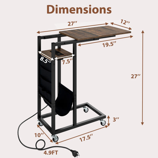 C-shaped End Table with Charging Station and Retractable Tabletop-Coffee W2B