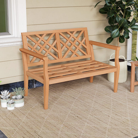 Outdoor Garden Bench 2-Person Teak Wood Bench with Comfy Armrests and Backrest W2B