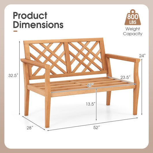 Outdoor Garden Bench 2-Person Teak Wood Bench with Comfy Armrests and Backrest W2B
