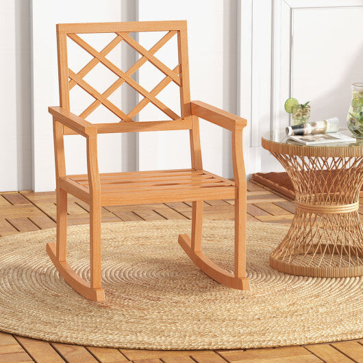 Teak Wood Rocking Chair Oversized Porch Rocker with Backrest and Slatted Seat W2B