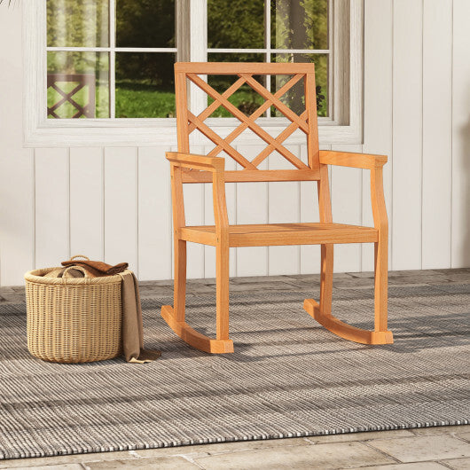Teak Wood Rocking Chair Oversized Porch Rocker with Backrest and Slatted Seat W2B