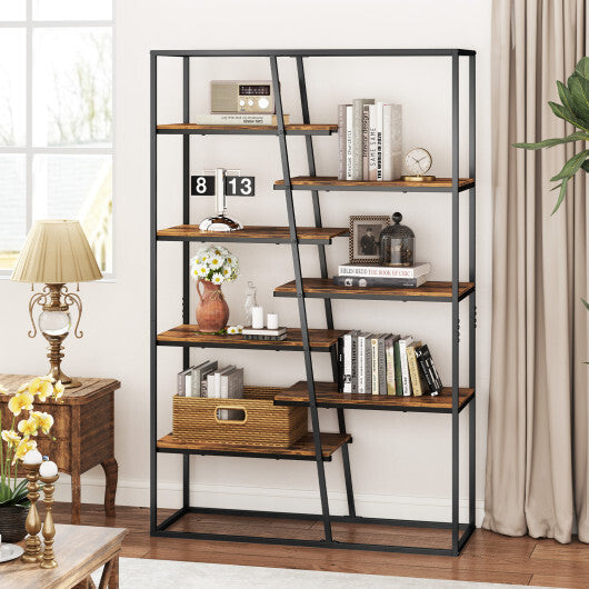 71-Inch 7-Tier Industrial Etagere Bookcase with Heavy-duty Metal Frame-Rustic Brown W2B