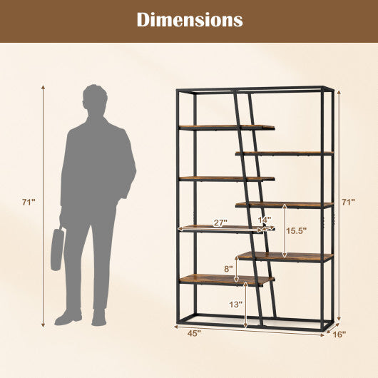 71-Inch 7-Tier Industrial Etagere Bookcase with Heavy-duty Metal Frame-Rustic Brown W2B