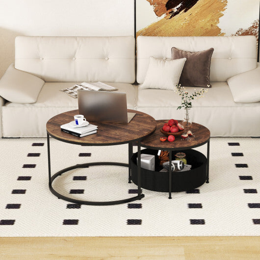 Round Coffee Table Set of 2 Circle Cocktail Table with Storage Basket W2B