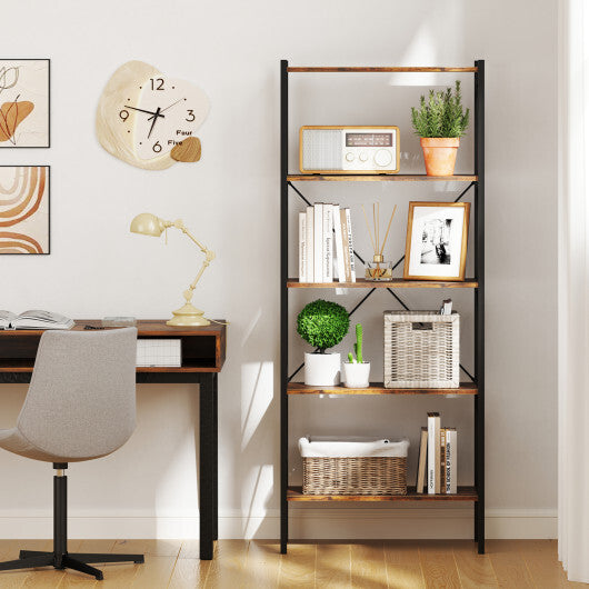 5-Tier Bookshelf with Open Shelves and Heavy Duty Metal Frame-Rustic Brown W2B