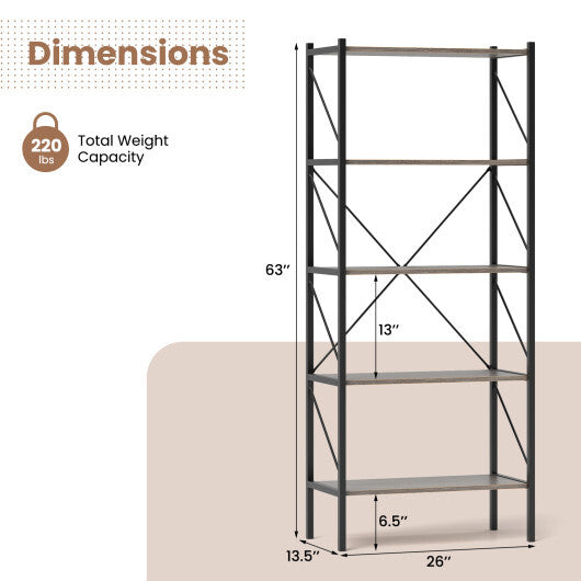 5-Tier Bookshelf with Open Shelves and Heavy Duty Metal Frame-Rustic Brown W2B