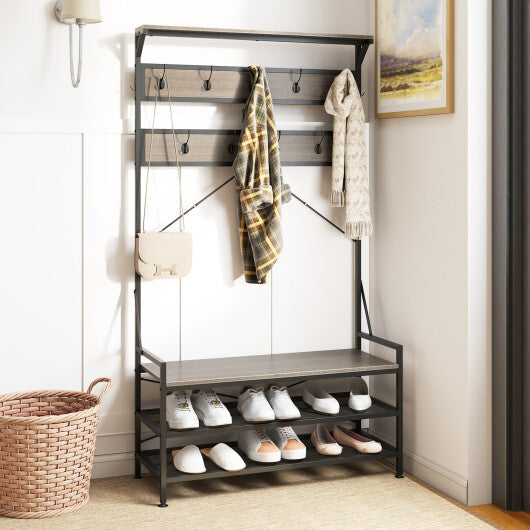 Coat Rack 4-In-1 Hall Tree with 11 Hanging Hooks Shoe Bench-Gray W2B