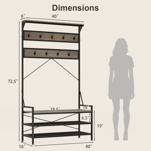 Coat Rack 4-In-1 Hall Tree with 11 Hanging Hooks Shoe Bench-Gray W2B