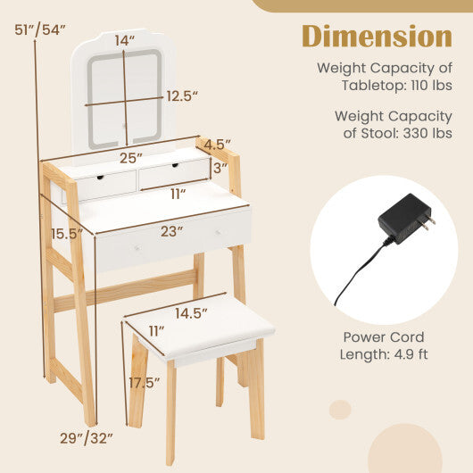 Adjustable Height Vanity Desk Set with 3-Color LED Lighted Mirror and Drawers-White W2B
