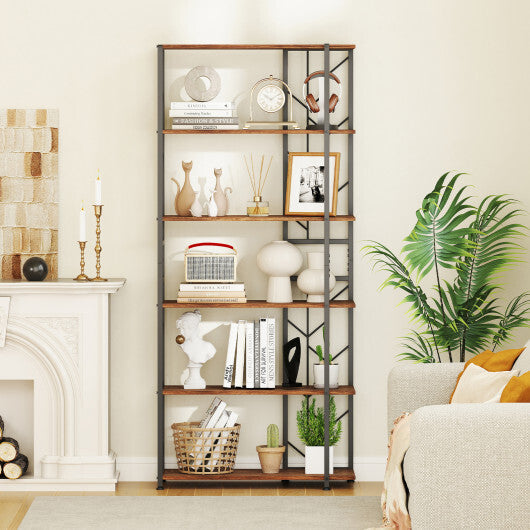 6-Tier Bookshelf Modern Geometric Bookcase with Heavy-duty Metal Frame and Anti-tipping Kits-Rustic Brown W2B