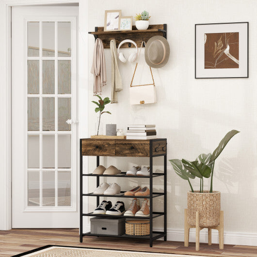Coat Rack Shoe Stand Set 5-Tier Shoe Rack with Wall-Mounted Coat Hanger-Brown W2B