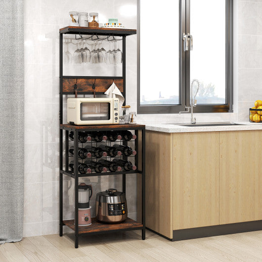 Freestanding Wine Rack Floor Wine Bar Cabinet with Glass Racks-Rustic Brown W2B