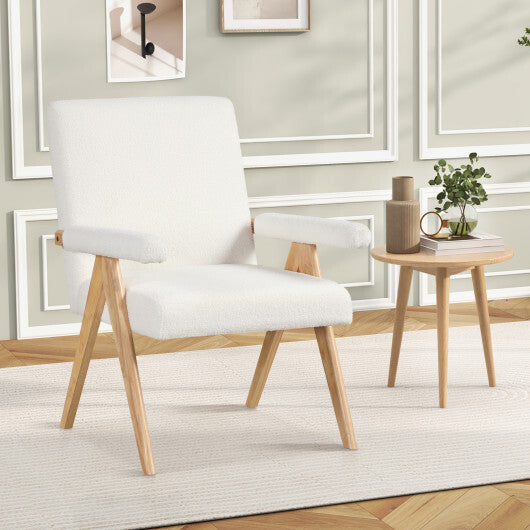Mid Century Modern Accent Chair with Rubber Wood Frame and Padded Armrests-White W2B