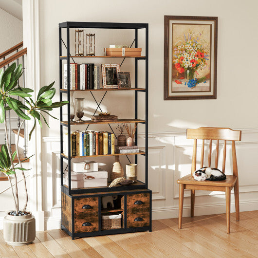 8-tier Bookshelf with 4 Fabric Drawers and Heavy-duty Metal Frame-Coffee W2B