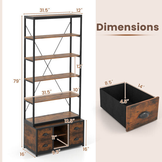 8-tier Bookshelf with 4 Fabric Drawers and Heavy-duty Metal Frame-Coffee W2B