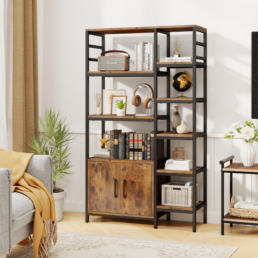 Double Wide 8-Tier Bookshelf with 2-Door Cabinet for Living Room Home Office-Rustic Brown W2B