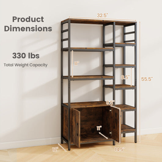 Double Wide 8-Tier Bookshelf with 2-Door Cabinet for Living Room Home Office-Rustic Brown W2B