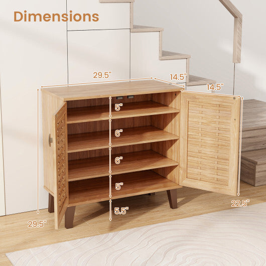 2-Door 4-Tier Shoe Cabinet Storage Organizer with Ventilated Woven Doors-Teak W2B