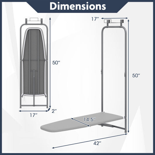 Over the Door Ironing Board Space-Saving Metal Hanging Ironing Board-Gray W2B