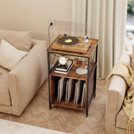 Mobile Record Player Stand with Power Outlet with Open Shelf and Dividers-Rustic Brown W2B