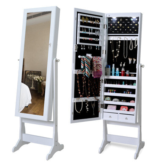 Lockable Freestanding Jewelry Cabinet Armoire with Full-Length Mirror and Lights-Black W2B