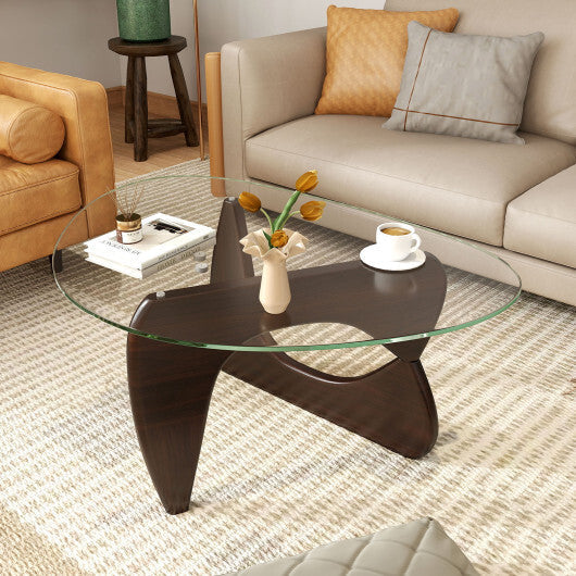 Triangle Coffee Table with Tempered Glass Top and Adjustable Rubber Wood Base-Walnut W2B