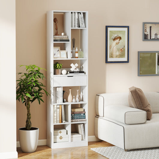 7-tier Bookshelf with Drawer 180cm Floor Standing Display Rack Storage Shelf-White W2B