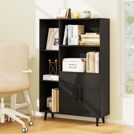 4 Inch Floor Bookshelf with 5 Open Compartments and Storage Cabinet-Black W2B