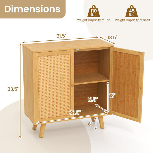 Bamboo Buffet Storage Cabinet with PE Rattan Doors and Freestanding Kitchen Cupboard-Natural