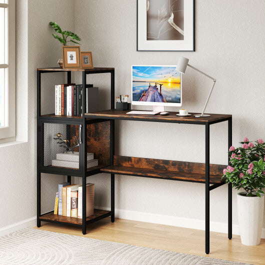Computer Desk with Bookshelf Home Office Desk with Storage Cabinet and Shelves-Rustic Brown W2B