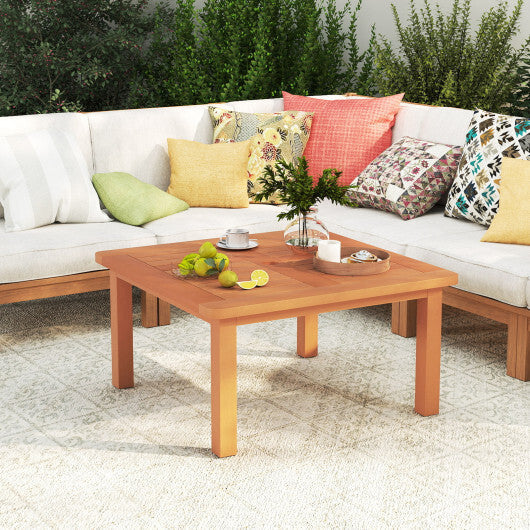Patio Coffee Table with Umbrella Hole and Teak Oil Finish W2B