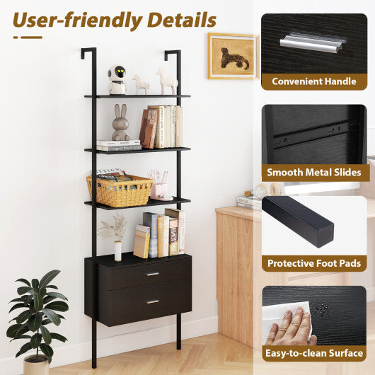 6-Tier Ladder Bookcase with 2 Drawers and Metal Frame-Black W2B