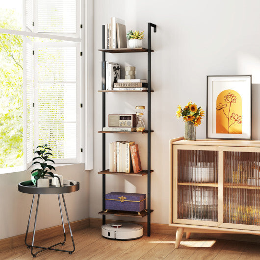 5 Tier Wall Mount Ladder Shelf with Anti-Tipping Kits for Home Office-Rustic Brown W2B