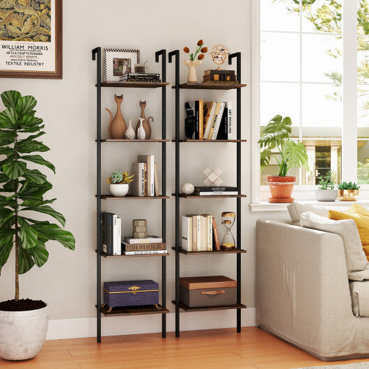 5 Tier Wall Mount Ladder Shelf with Anti-Tipping Kits for Home Office-Rustic Brown W2B
