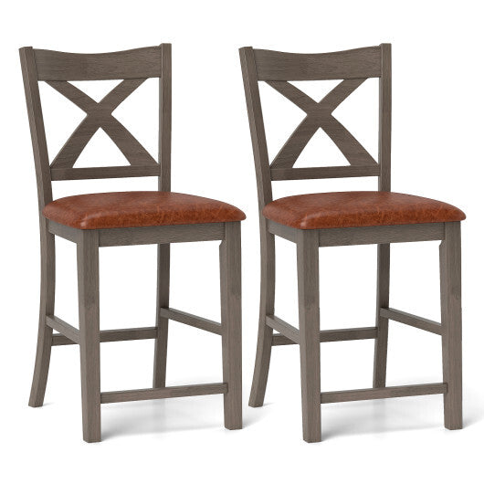 Bar Stools Set of 2 with Cross Back and Faux Leather Upholstered Seat-Gray W2B