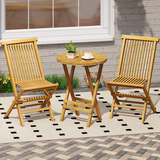 Patio Folding Side Table Teak Wood Round End Table with Slatted Tabletop and X-Shaped Frame W2B