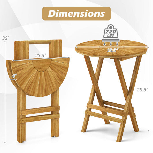 Patio Folding Side Table Teak Wood Round End Table with Slatted Tabletop and X-Shaped Frame W2B