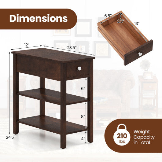 3-Tier Narrow End Table with Drawer and Storage Shelves-Walnut W2B