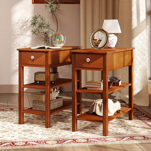 3-Tier Narrow End Table with Drawer and Storage Shelves Set of 2-Brown