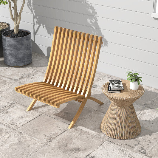 Folding Teak Wood Outdoor Lounge Chair with Slatted Seat and Backrest W2B