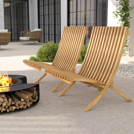 Folding Teak Wood Outdoor Lounge Chair with Slatted Seat and Backrest W2B